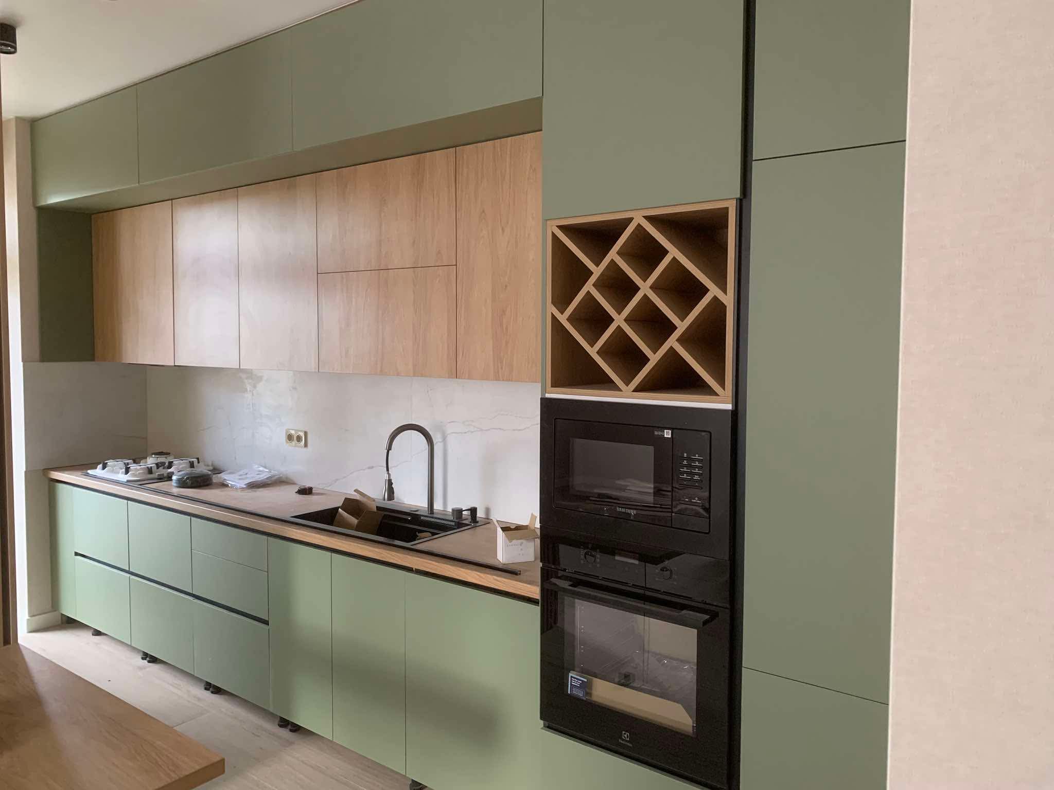 Beautiful wooden custom kitchen with detailed craftsmanship, combining MDF and solid wood